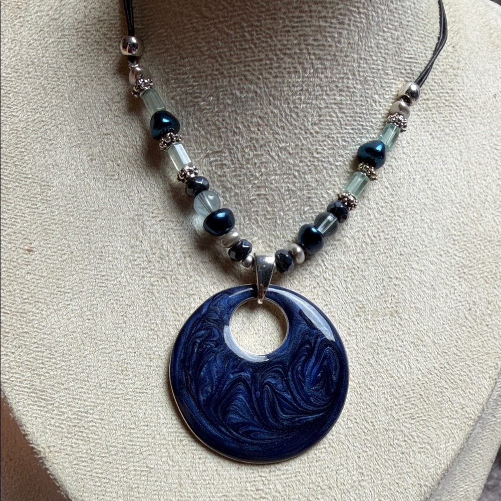 Handmade Navy Swirl Round Pendant Necklace - Women Jewelry EB#1